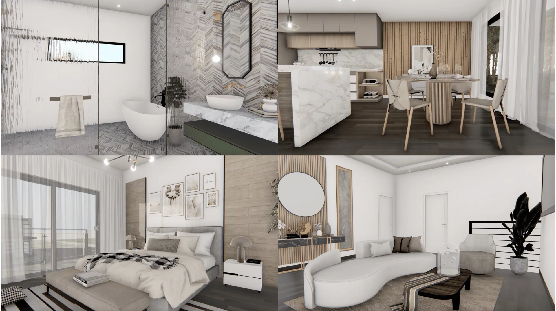 modern and luxurious open plan living room interior with kitchen and dining, views of forest and mountain