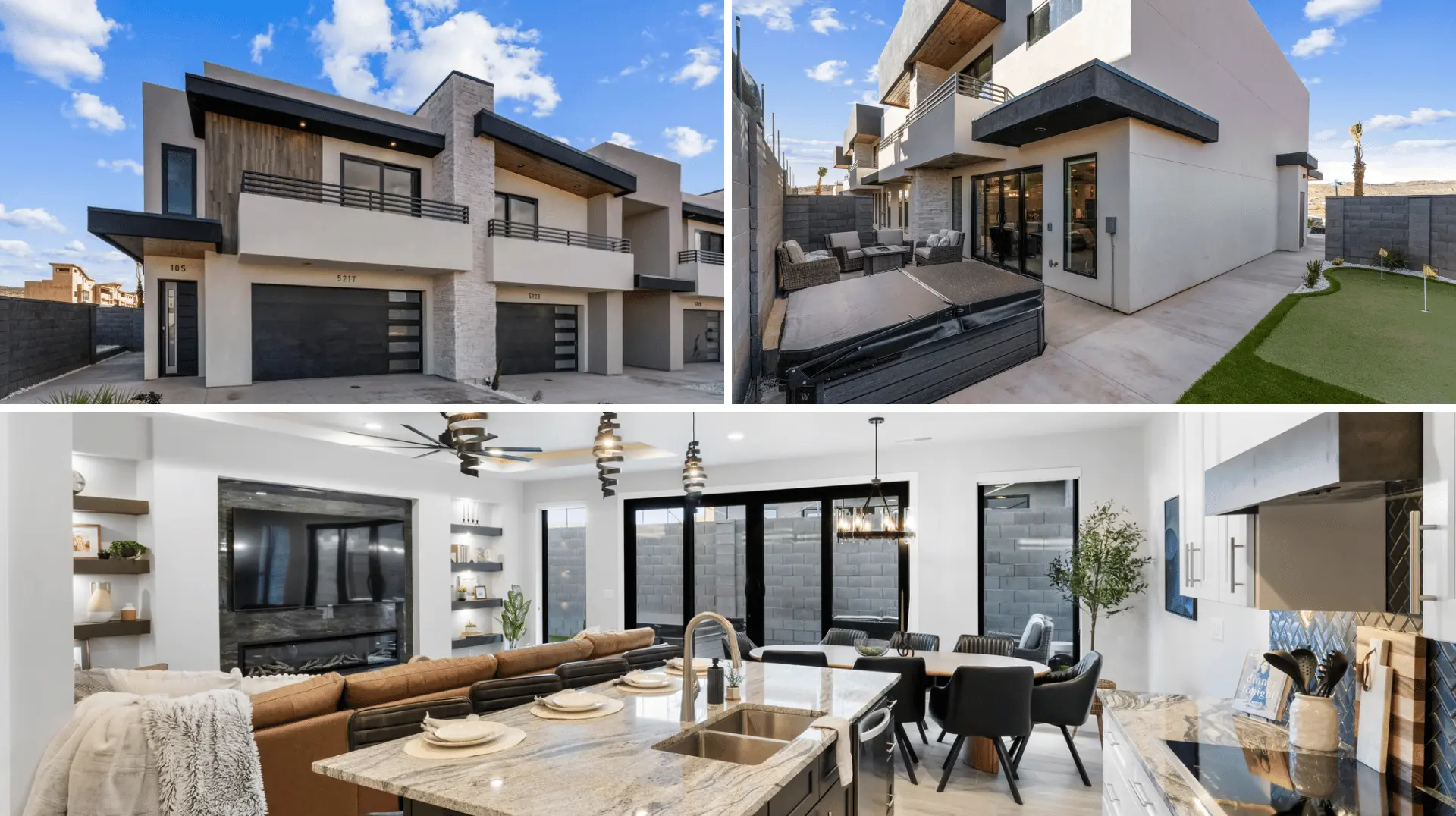 modern and luxurious open plan living room interior with kitchen and dining, views of forest and mountain